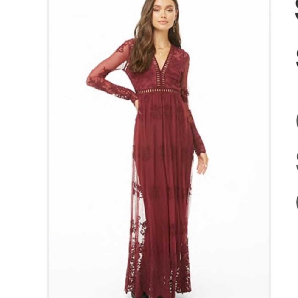 Burgundy Maroon Lace Maxi Dress Medium Long Sleeve